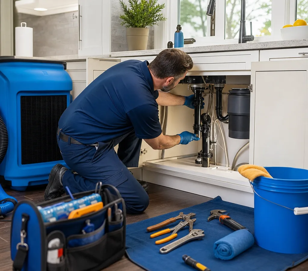 Uniformed plumber working under a kitchen sink in a clean, well-lit Collegeville-area home