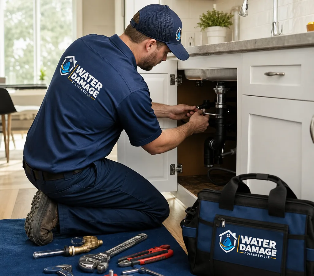 Uniformed plumber working under a kitchen sink in a clean, well-lit Collegeville-area home