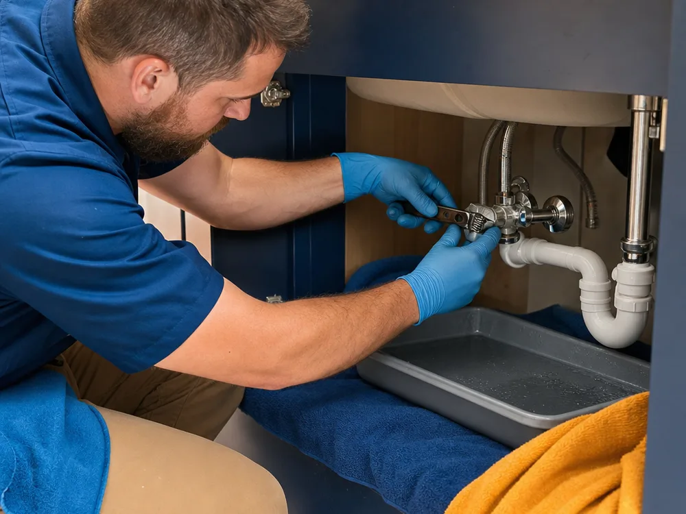Plumber repairing a leaking shutoff valve and supply line under a bathroom vanity with cabinet protection in place