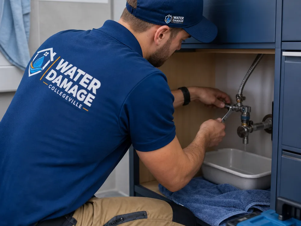 Plumber repairing a leaking shutoff valve and supply line under a bathroom vanity with cabinet protection in place