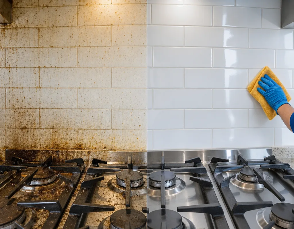 Stovetop and backsplash shown before and after grease spots were cleaned away