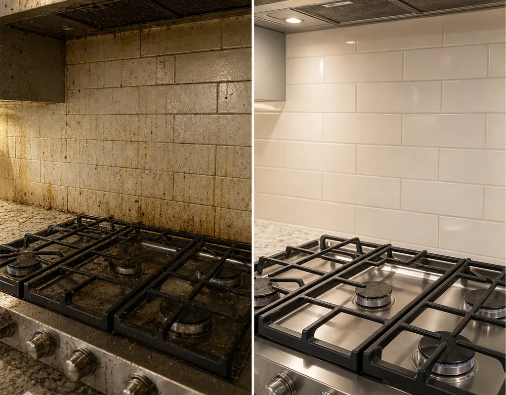Stovetop and backsplash shown before and after grease spots were cleaned away