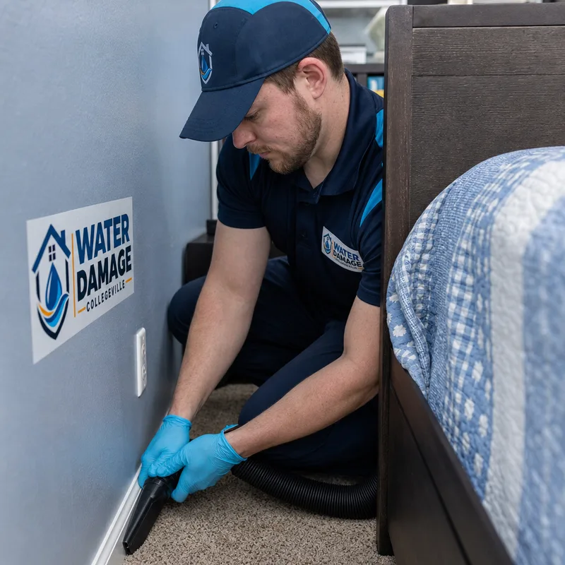 Cleaner vacuuming along baseboards and corners in a carpeted bedroom
