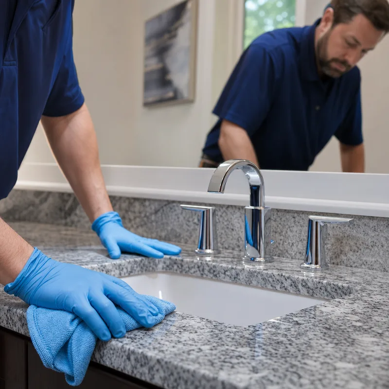 Clean bathroom vanity with polished faucet, streak-free mirror, and cleared countertop