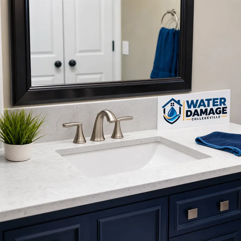 Clean bathroom vanity with polished faucet, streak-free mirror, and cleared countertop