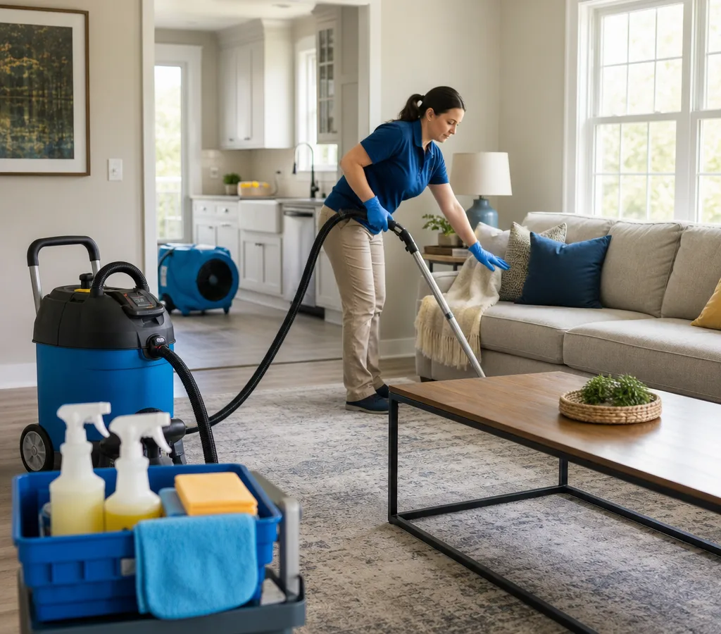 Cleaner vacuuming and wiping down a bright lived-in living room in a Collegeville-area home