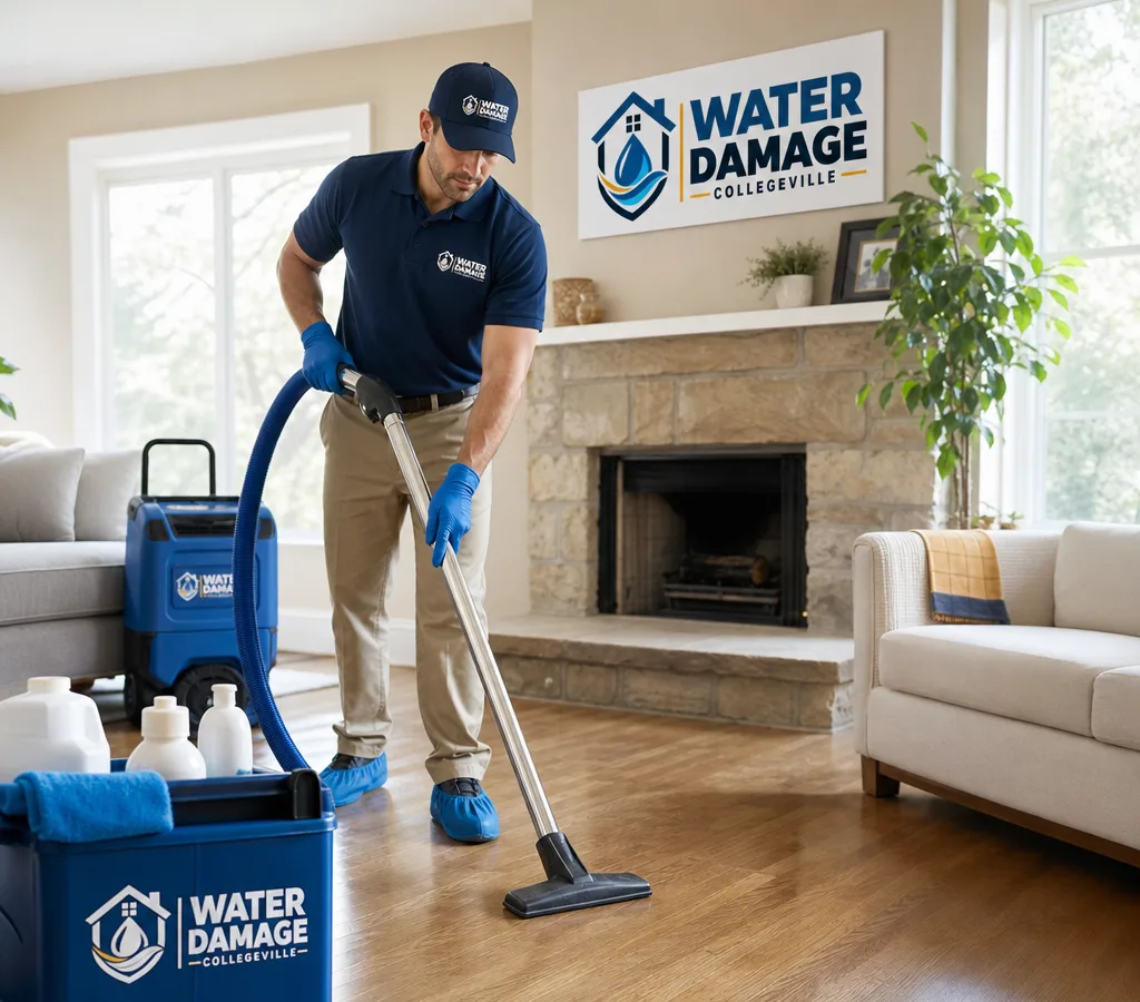 Cleaner vacuuming and wiping down a bright lived-in living room in a Collegeville-area home