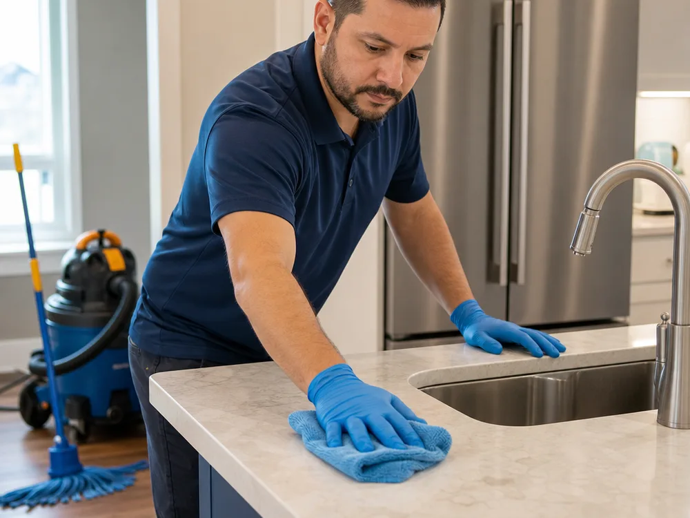 Cleaner wiping a kitchen countertop and sink with a microfiber cloth while cleaning equipment stands nearby