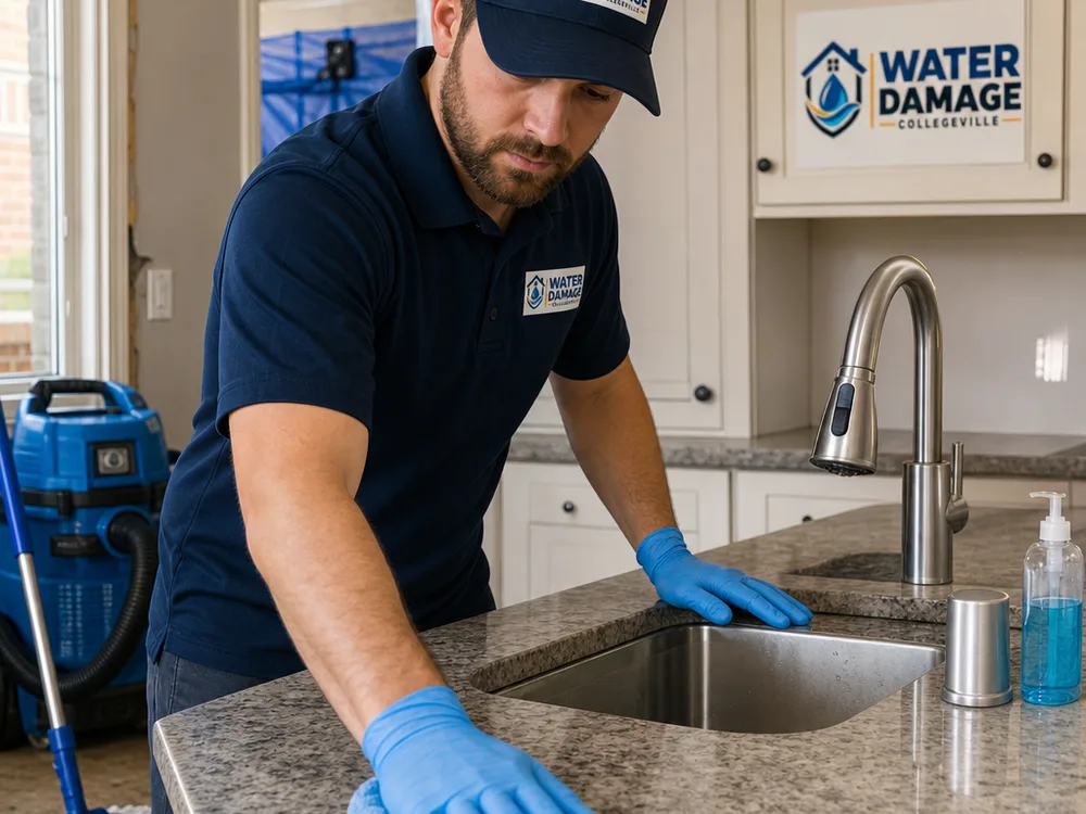 Cleaner wiping a kitchen countertop and sink with a microfiber cloth while cleaning equipment stands nearby