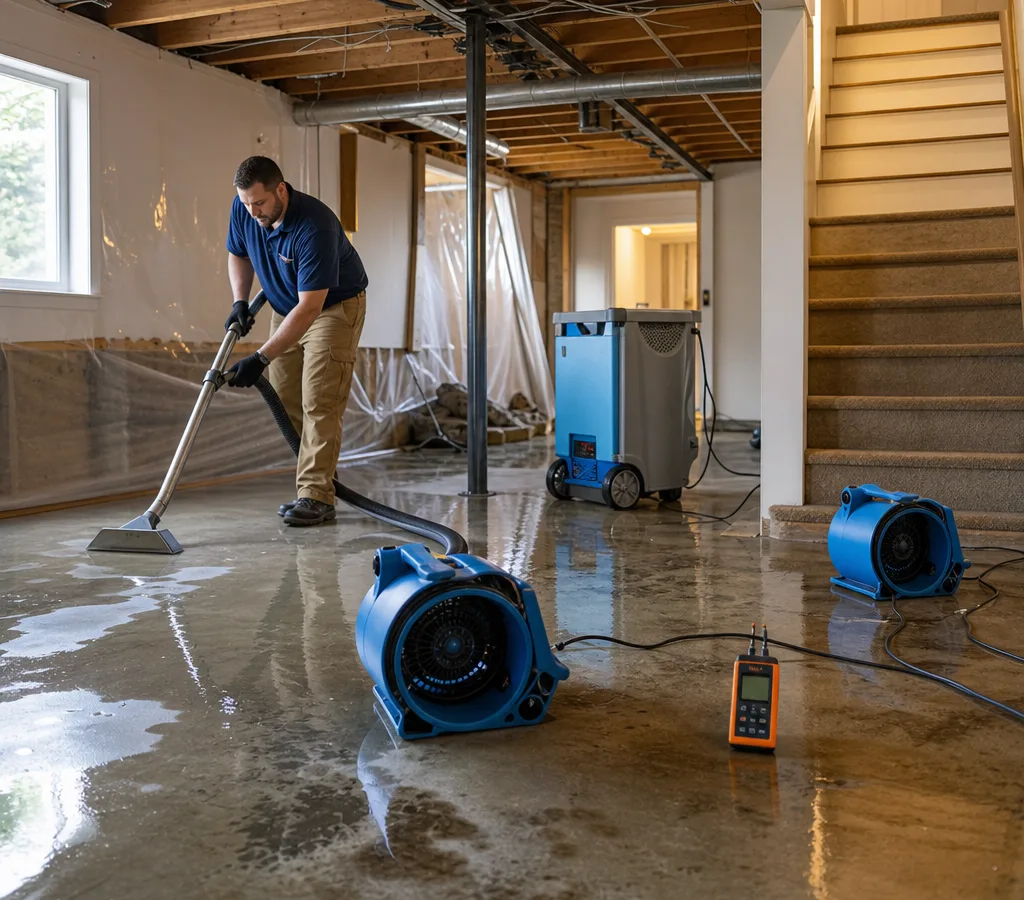 Technician extracting basement water and setting up drying equipment in a Collegeville-area home