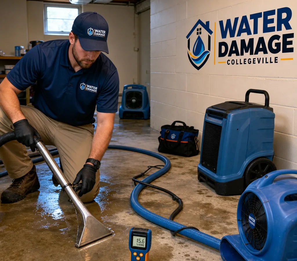 Technician extracting basement water and setting up drying equipment in a Collegeville-area home