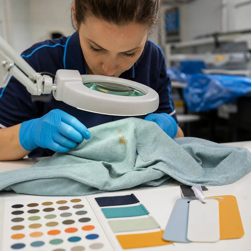 Cleaner examining a garment under magnification beside a stain chart and visible fiber-content tags
