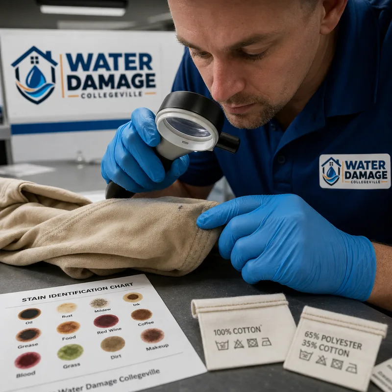 Cleaner examining a garment under magnification beside a stain chart and visible fiber-content tags