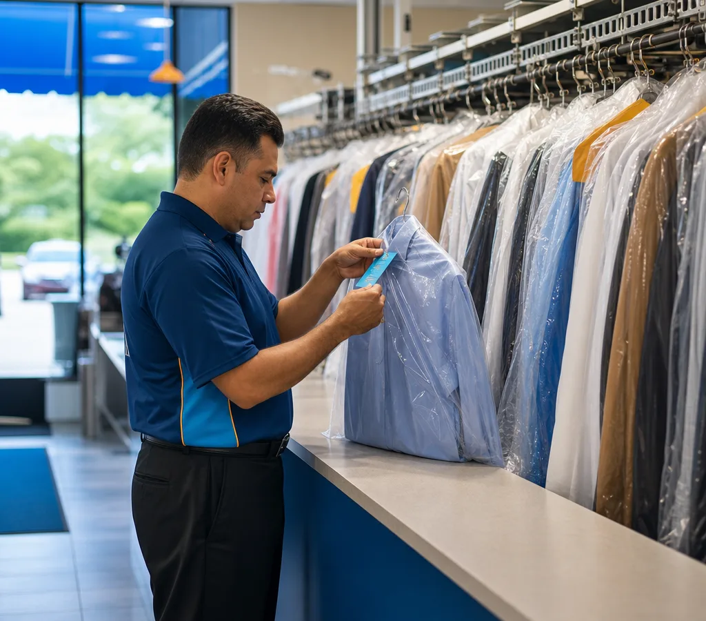 Cleaner inspecting a garment tag beside neatly bagged garments inside a local dry cleaning shop