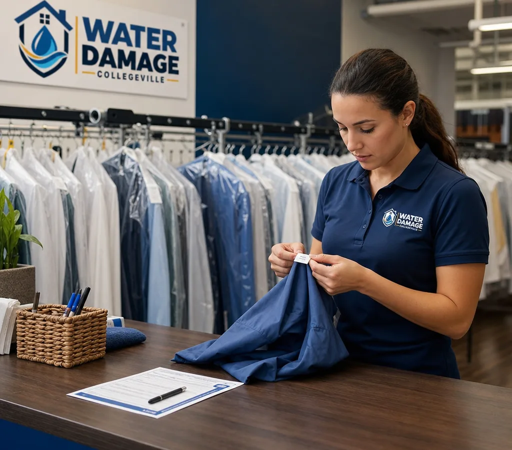 Cleaner inspecting a garment tag beside neatly bagged garments inside a local dry cleaning shop