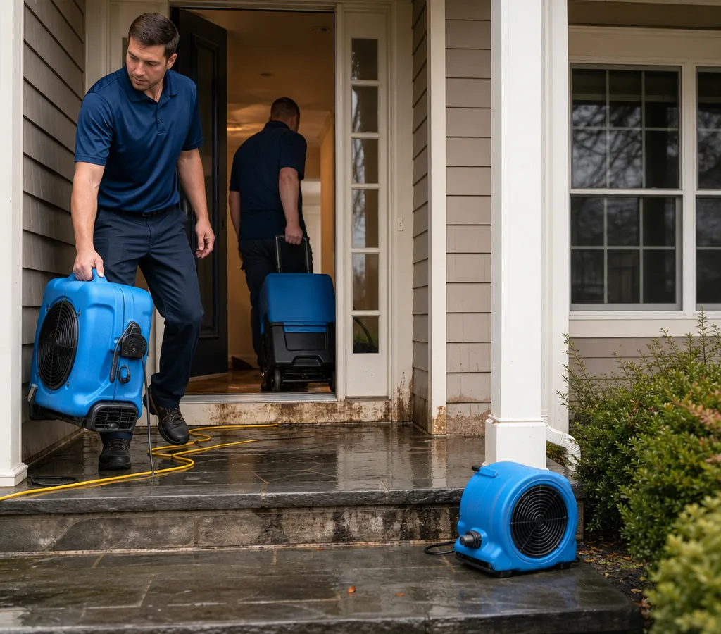Technicians unloading drying equipment at a residential property with visible water intrusion at the entryway