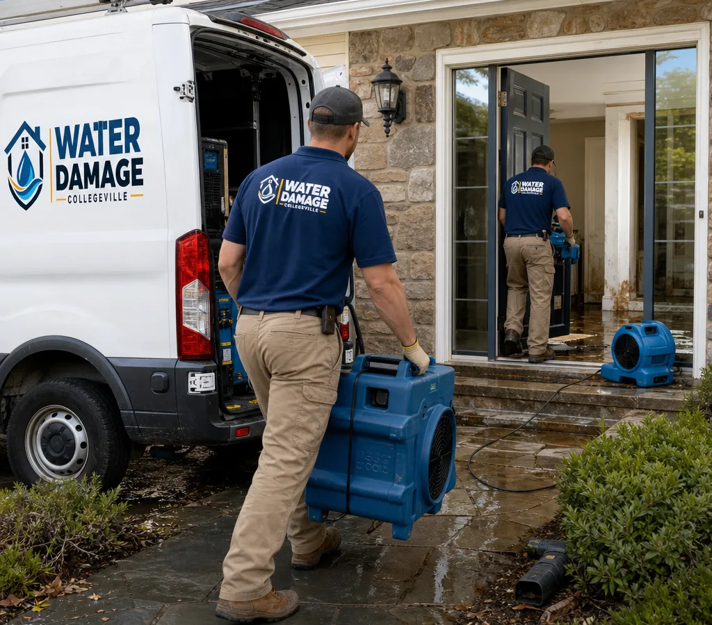 Technicians unloading drying equipment at a residential property with visible water intrusion at the entryway