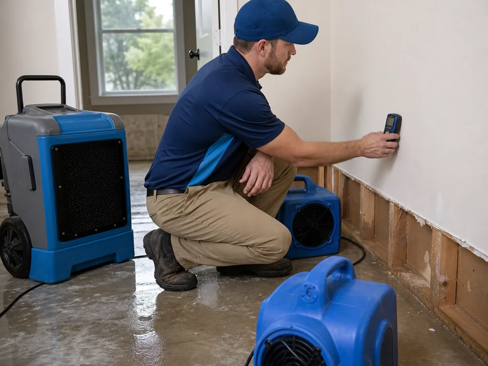 Air movers and a dehumidifier drying baseboards while a technician measures moisture in drywall