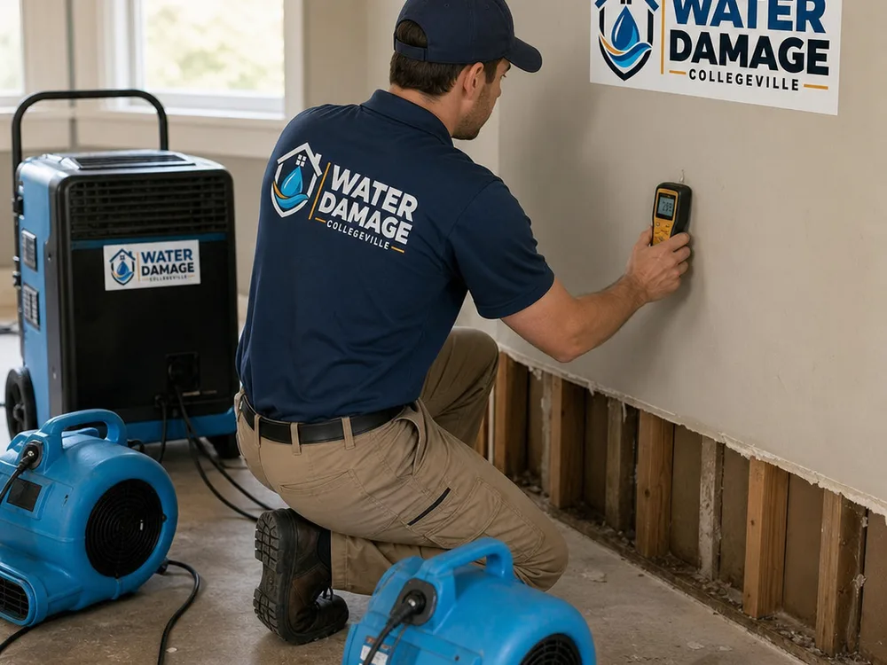 Air movers and a dehumidifier drying baseboards while a technician measures moisture in drywall