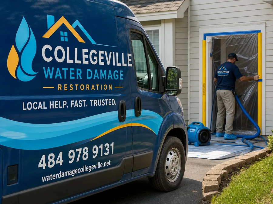 Team member protecting a doorway while running water extraction hoses inside a home