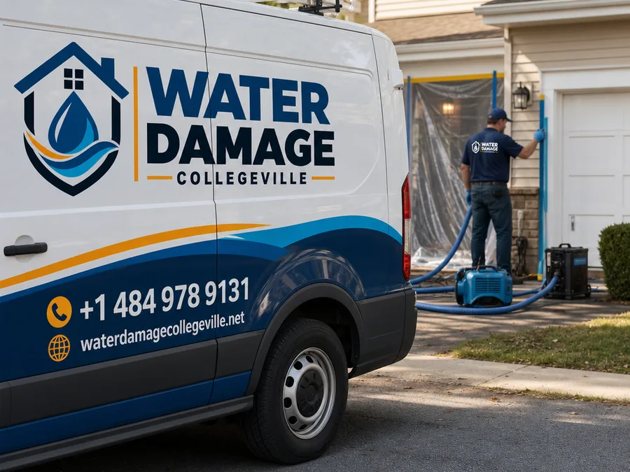 Team member protecting a doorway while running water extraction hoses inside a home