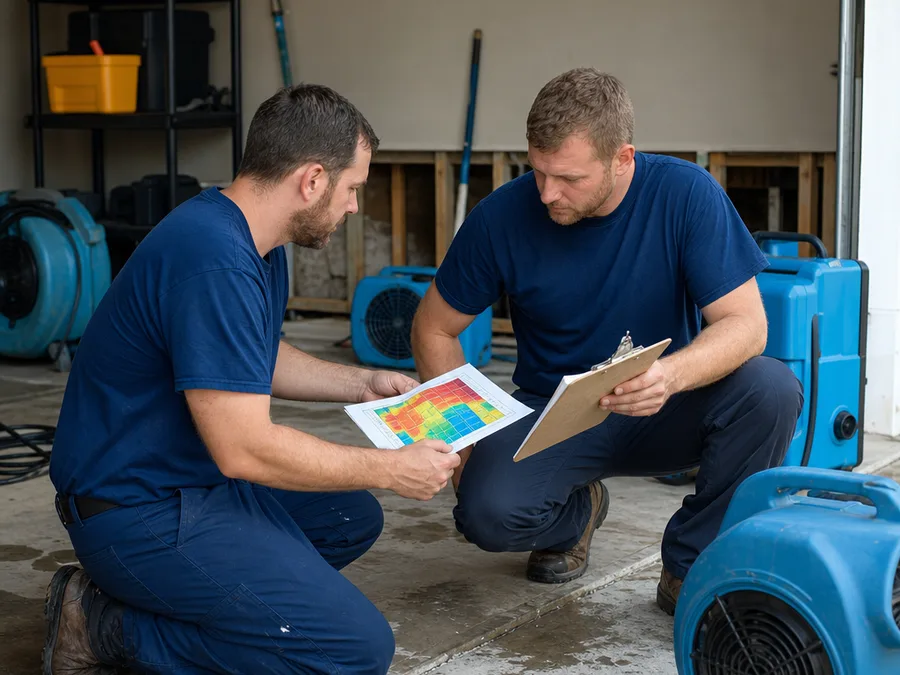 Two water damage technicians reviewing a moisture map and job notes beside drying equipment