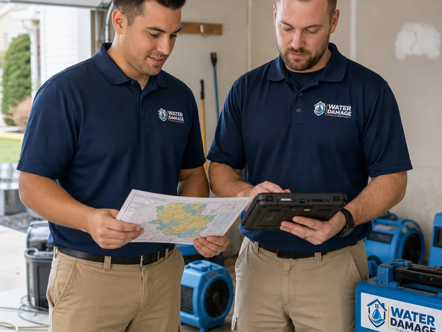 Two water damage technicians reviewing a moisture map and job notes beside drying equipment